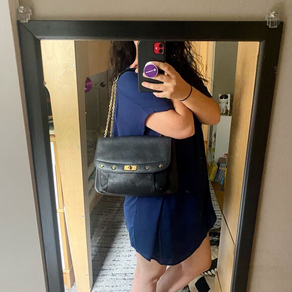 MCM Black Pebbled Leather Logo Charm Studded Convertible Chain Strap Flap Bag - Picture 3 of 16